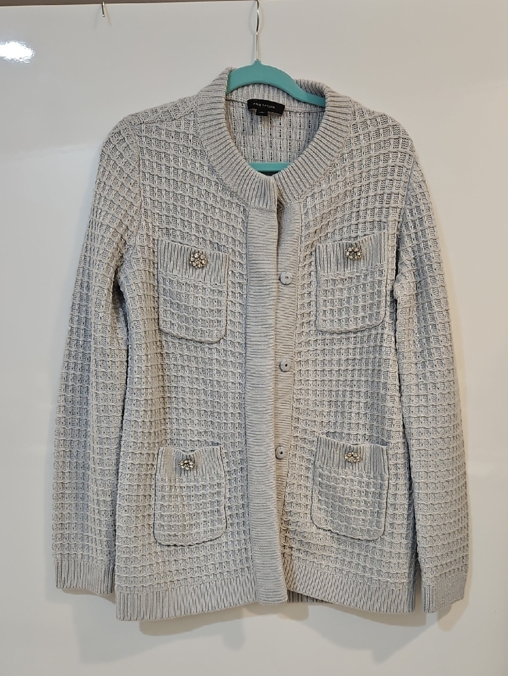 Ann Taylor Light Gray Textured Knit Cardigan